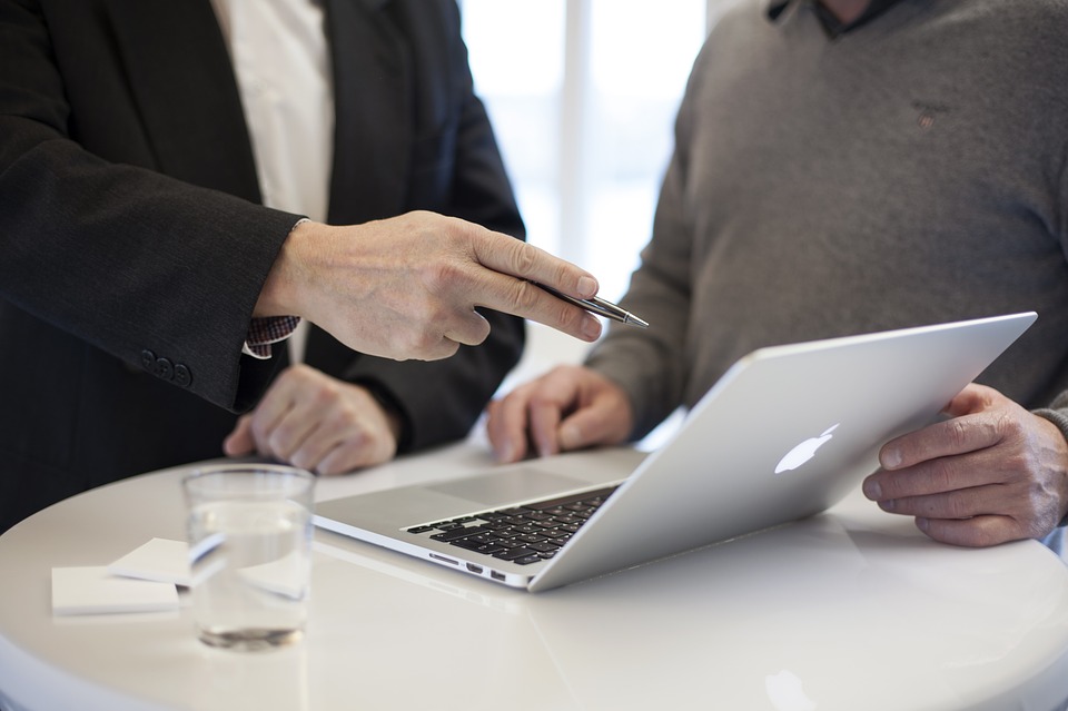 consultant pointing at laptop